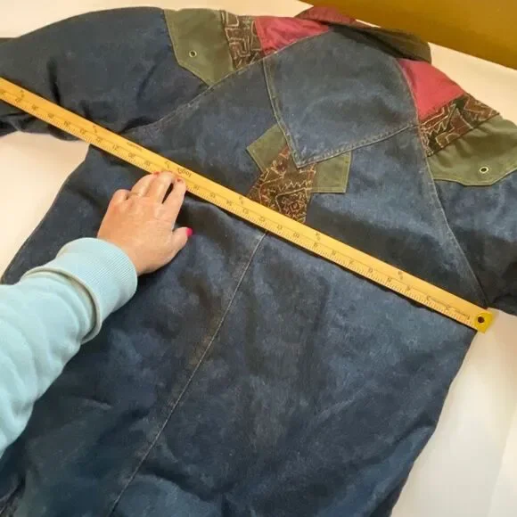 Vintage 90’s women’s size Med denim patchwork coat Aztec inspired - Picture 12 of 14